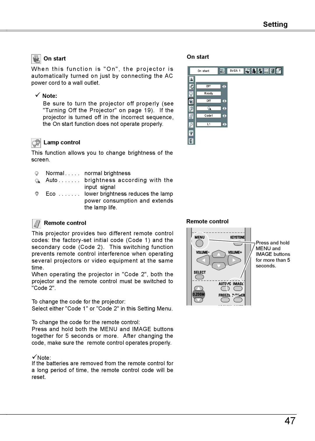 Sanyo PLC-XW56 owner manual Lamp control, On start Remote control 