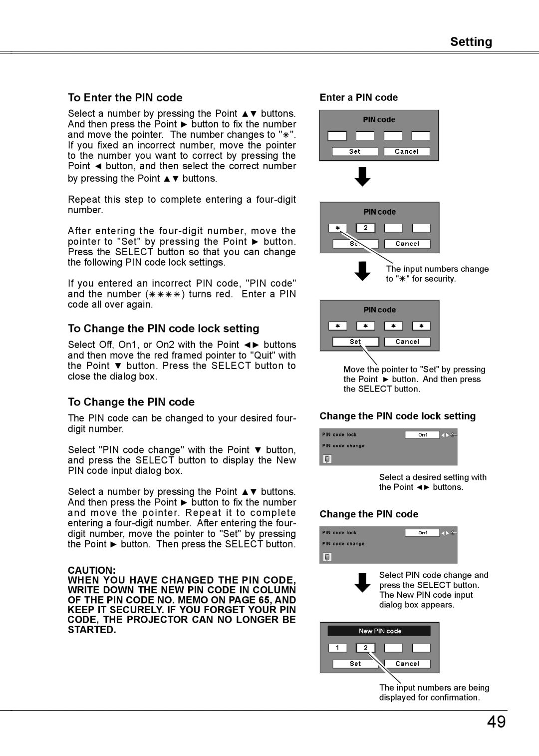 Sanyo PLC-XW56 owner manual Change the PIN code lock setting 