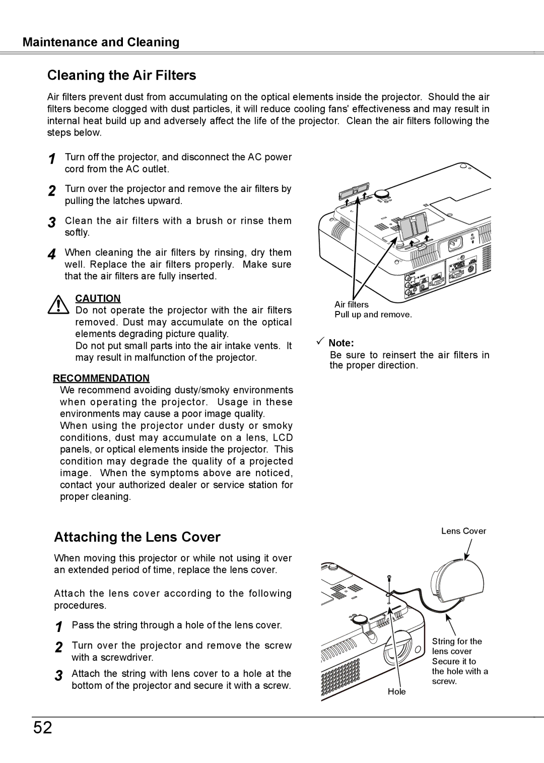 Sanyo PLC-XW56 owner manual Cleaning the Air Filters, Attaching the Lens Cover 