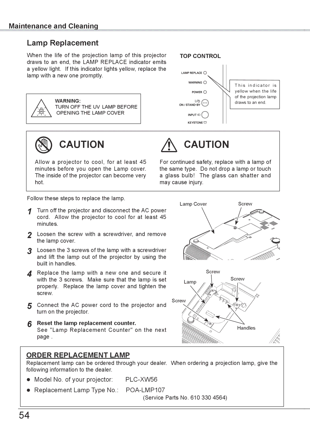 Sanyo PLC-XW56 owner manual Lamp Replacement, Reset the lamp replacement counter 