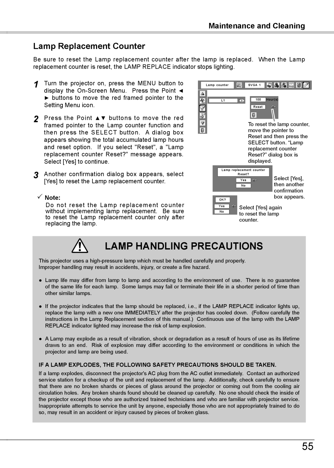 Sanyo PLC-XW56 owner manual Lamp Handling Precautions, Lamp Replacement Counter 