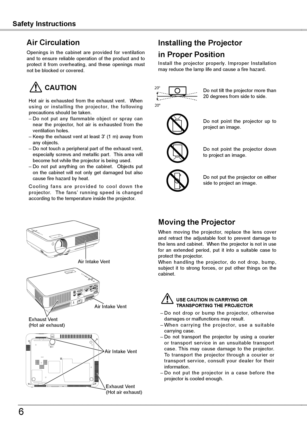 Sanyo PLC-XW56 owner manual Air Circulation, Installing the Projector in Proper Position, Moving the Projector 