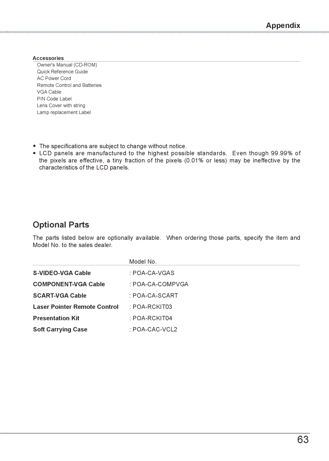 Sanyo PLC-XW56 owner manual Optional Parts 