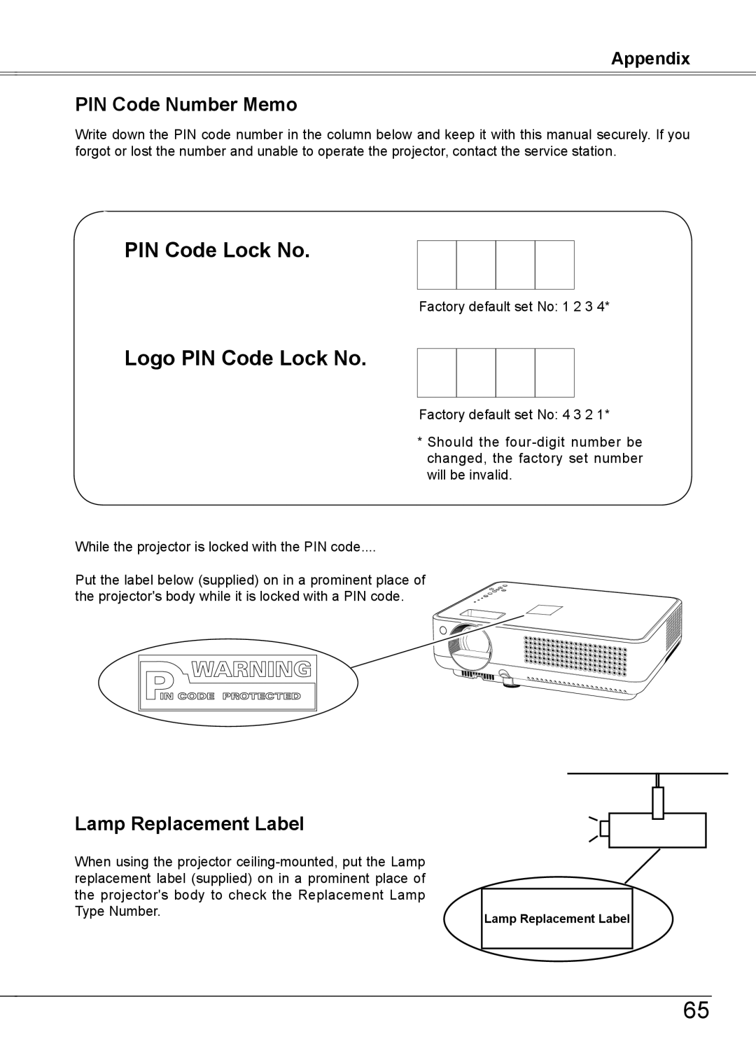 Sanyo PLC-XW56 owner manual PIN Code Number Memo, Lamp Replacement Label 