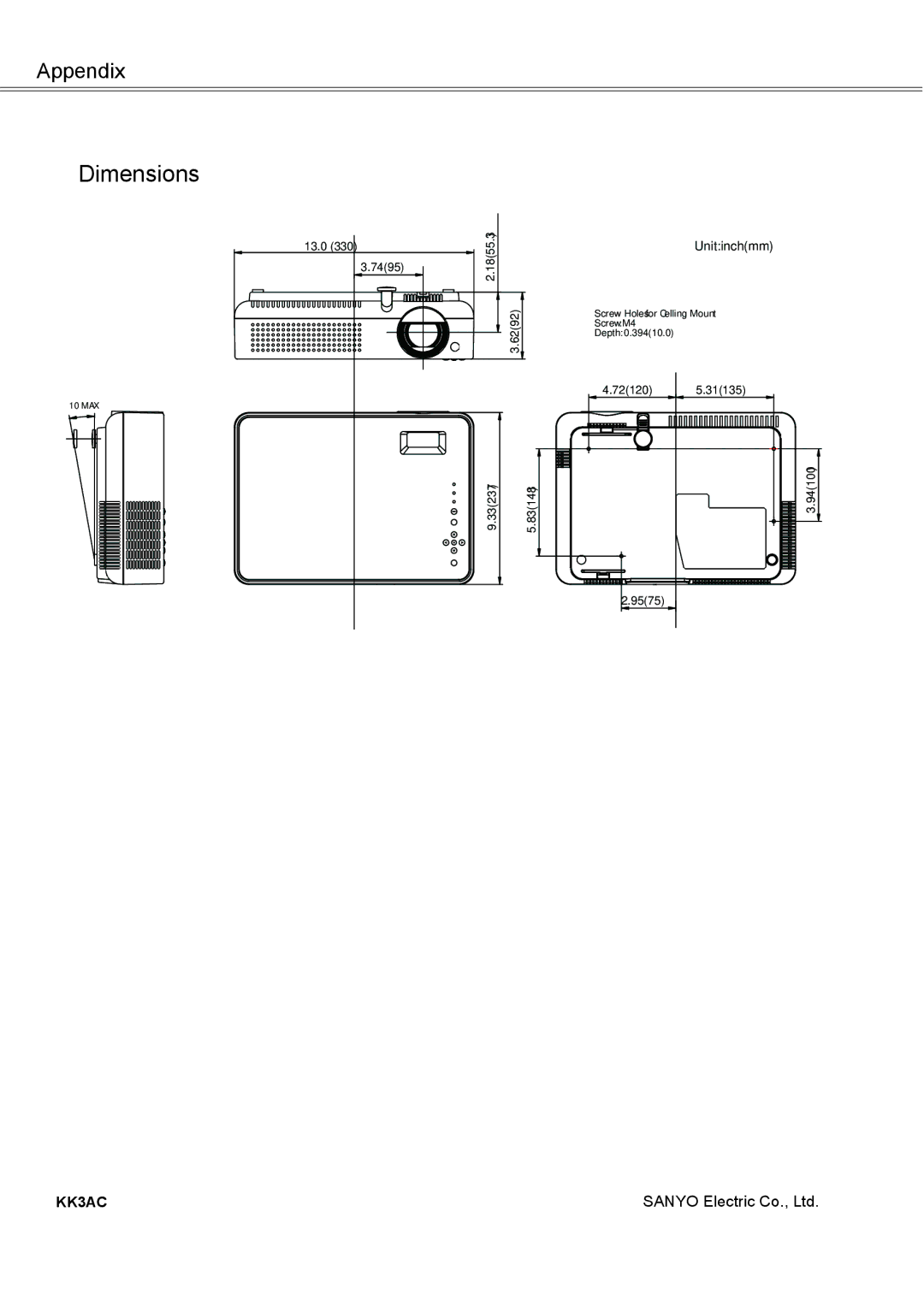 Sanyo PLC-XW56 owner manual Dimensions 