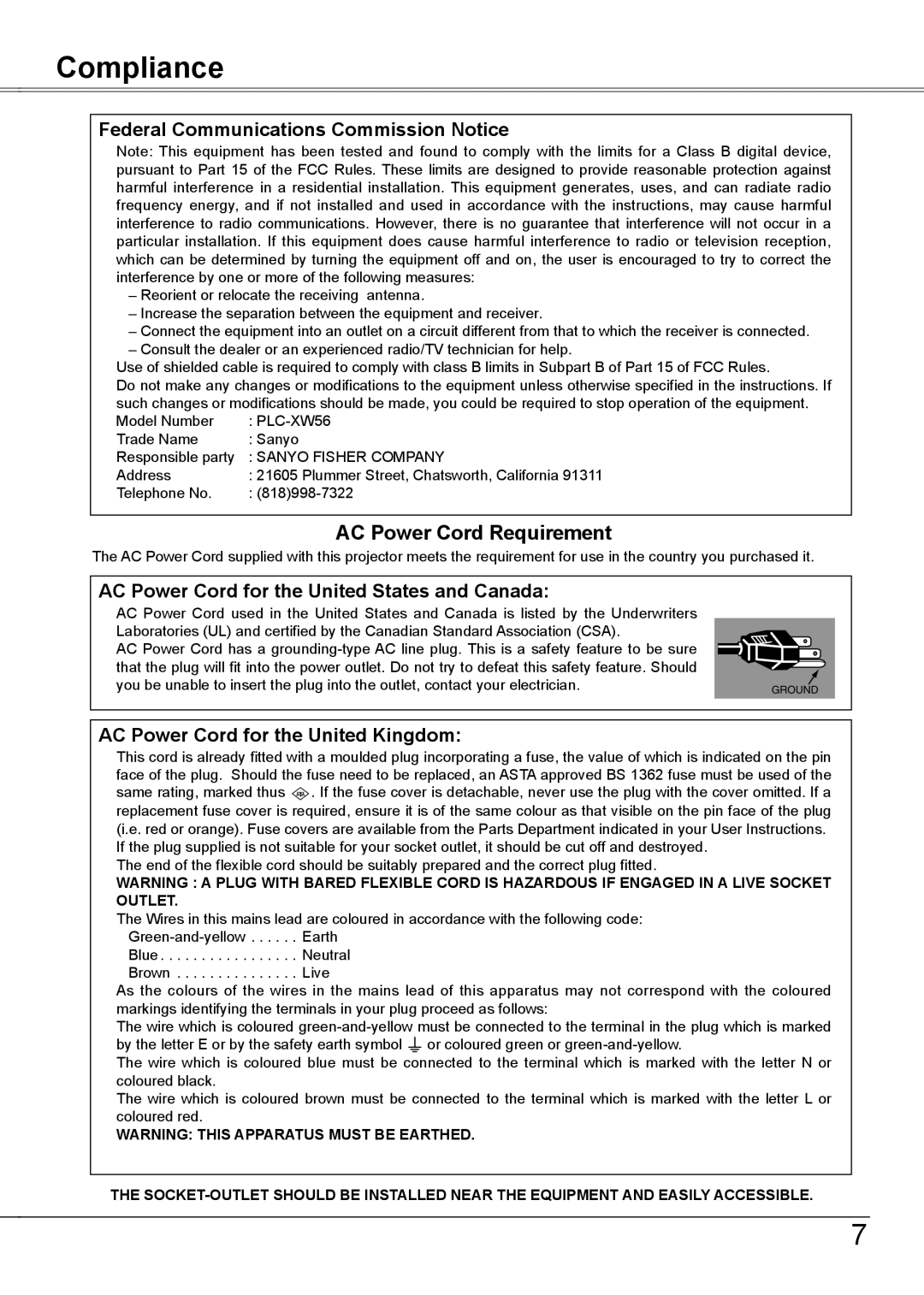 Sanyo PLC-XW56 owner manual Compliance, Federal Communications Commission Notice 