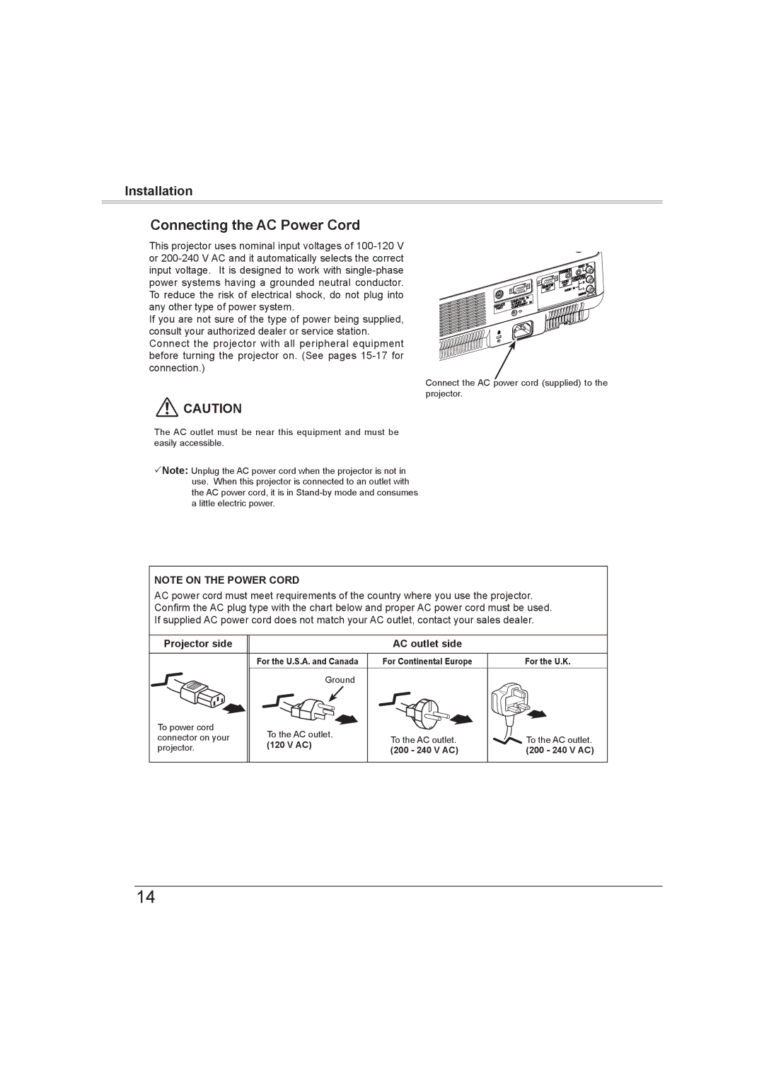 Sanyo PLC-XW56 owner manual Connecting the AC Power Cord, Projector side AC outlet side 