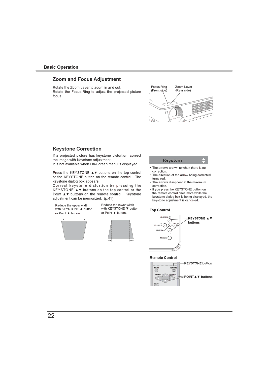 Sanyo PLC-XW56 owner manual Zoom and Focus Adjustment, Keystone Correction 