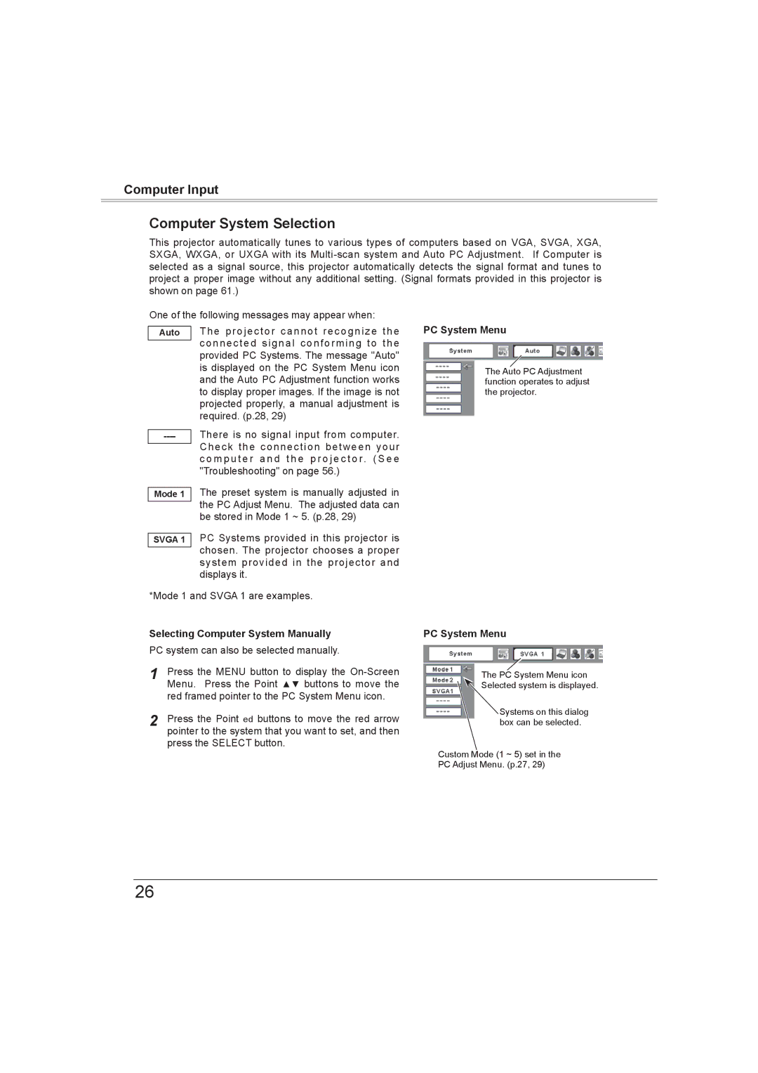 Sanyo PLC-XW56 owner manual Computer System Selection, Selecting Computer System Manually, PC System Menu 