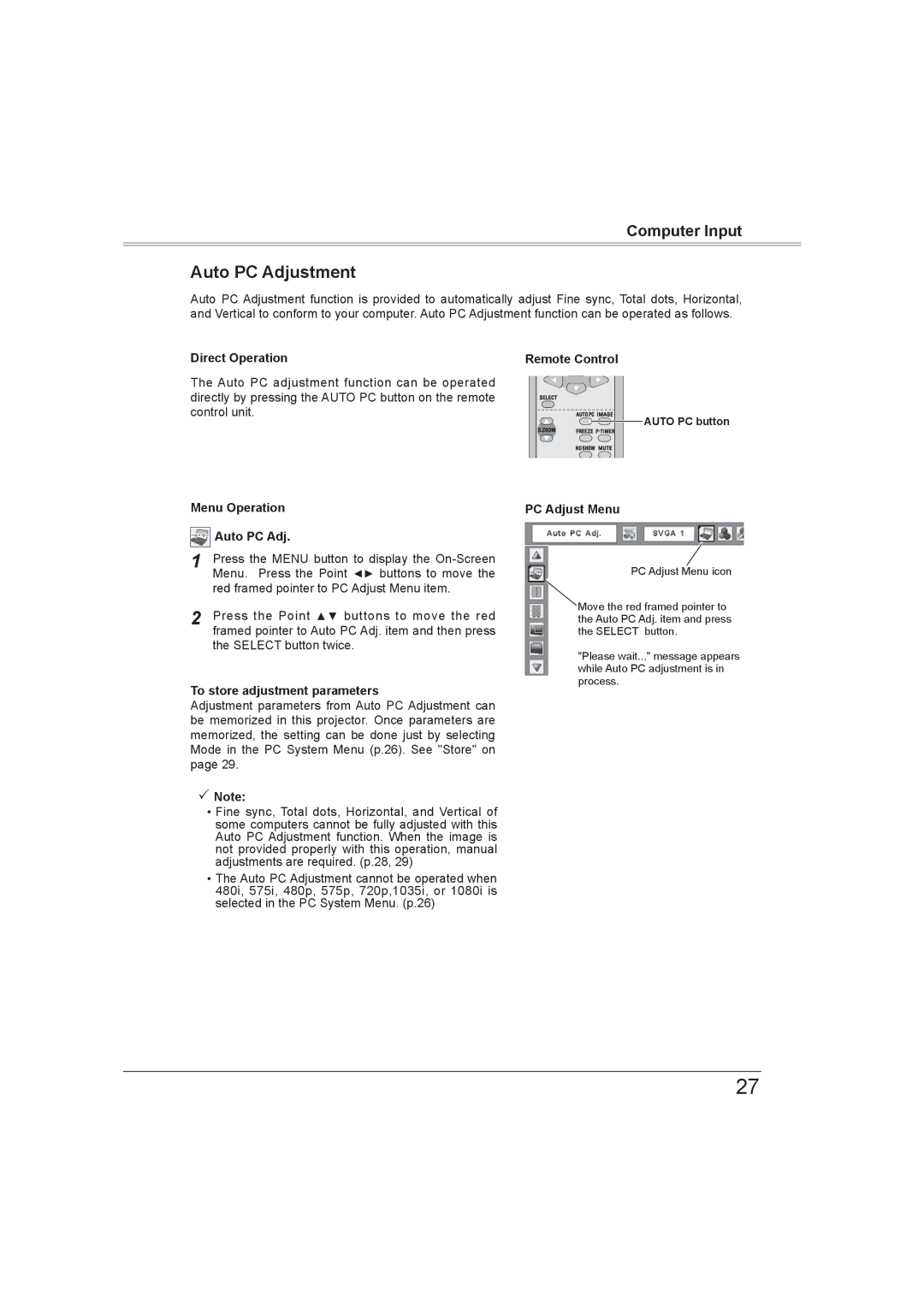 Sanyo PLC-XW56 owner manual Auto PC Adjustment, Menu Operation Auto PC Adj, To store adjustment parameters, PC Adjust Menu 