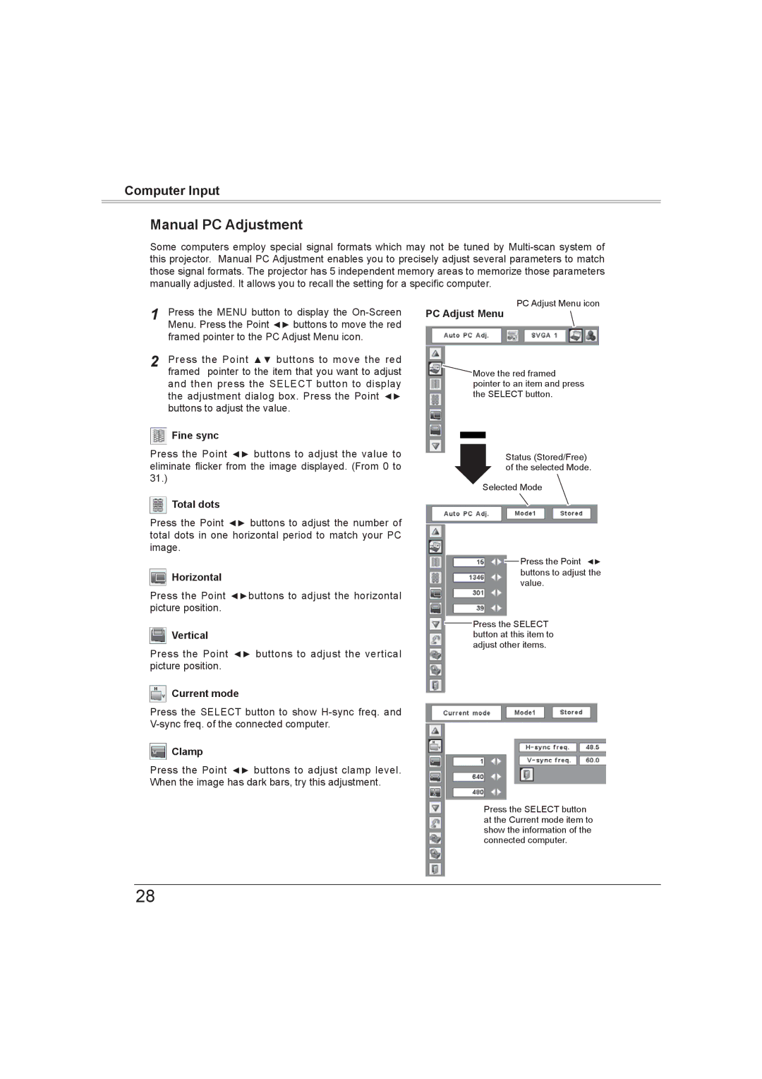 Sanyo PLC-XW56 owner manual Manual PC Adjustment 