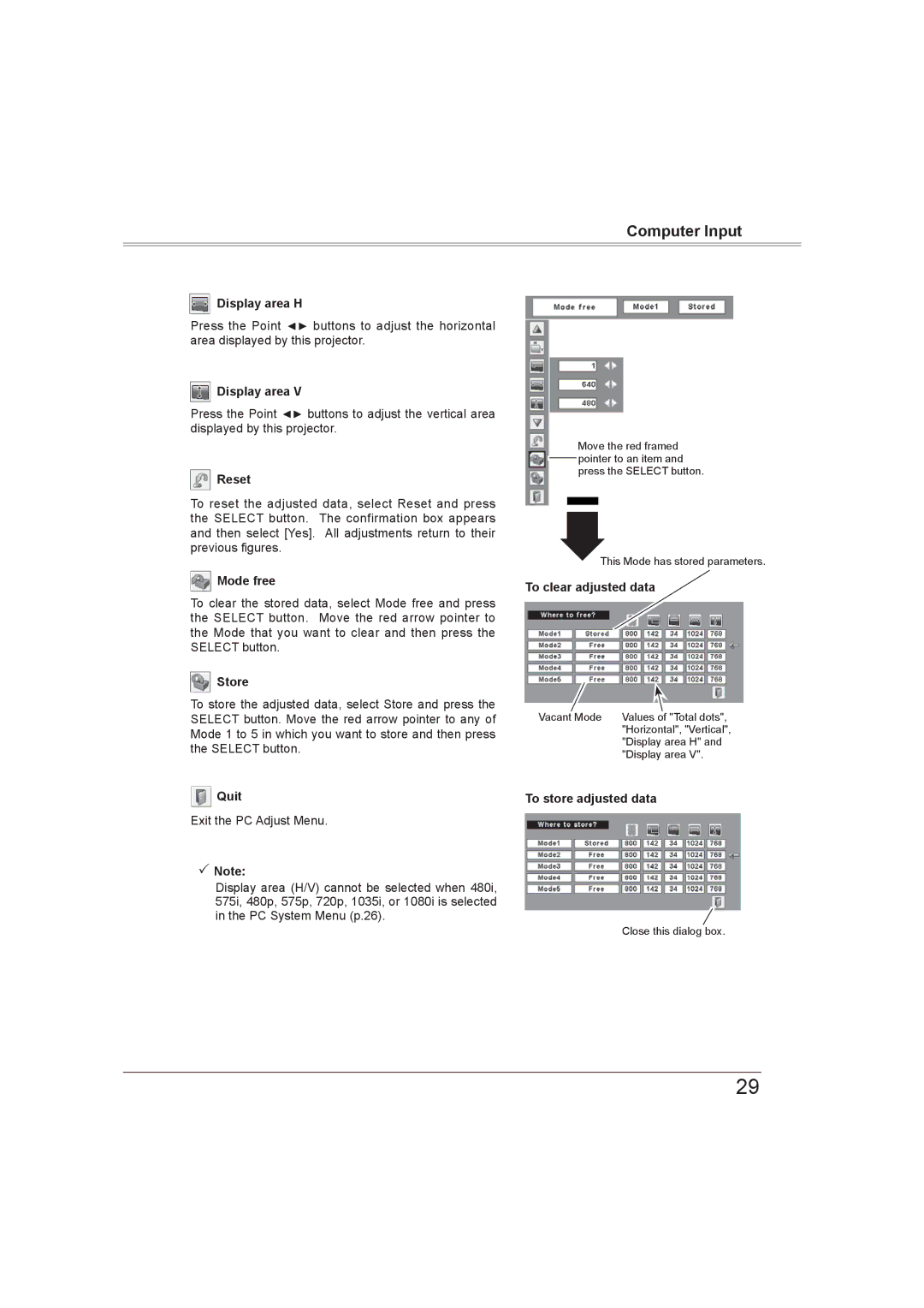 Sanyo PLC-XW56 owner manual Display area H, Reset, Mode free, Store, Quit, To clear adjusted data, To store adjusted data 