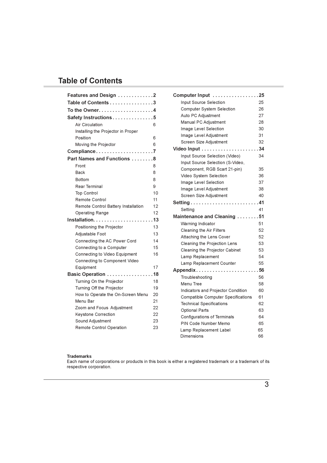 Sanyo PLC-XW56 owner manual Table of Contents 