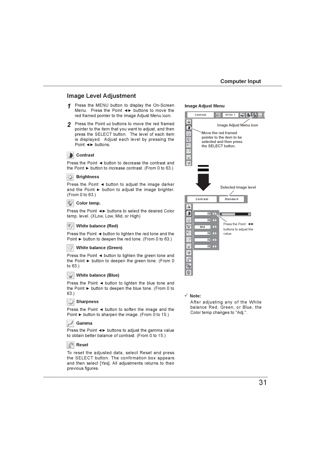 Sanyo PLC-XW56 owner manual Image Level Adjustment 