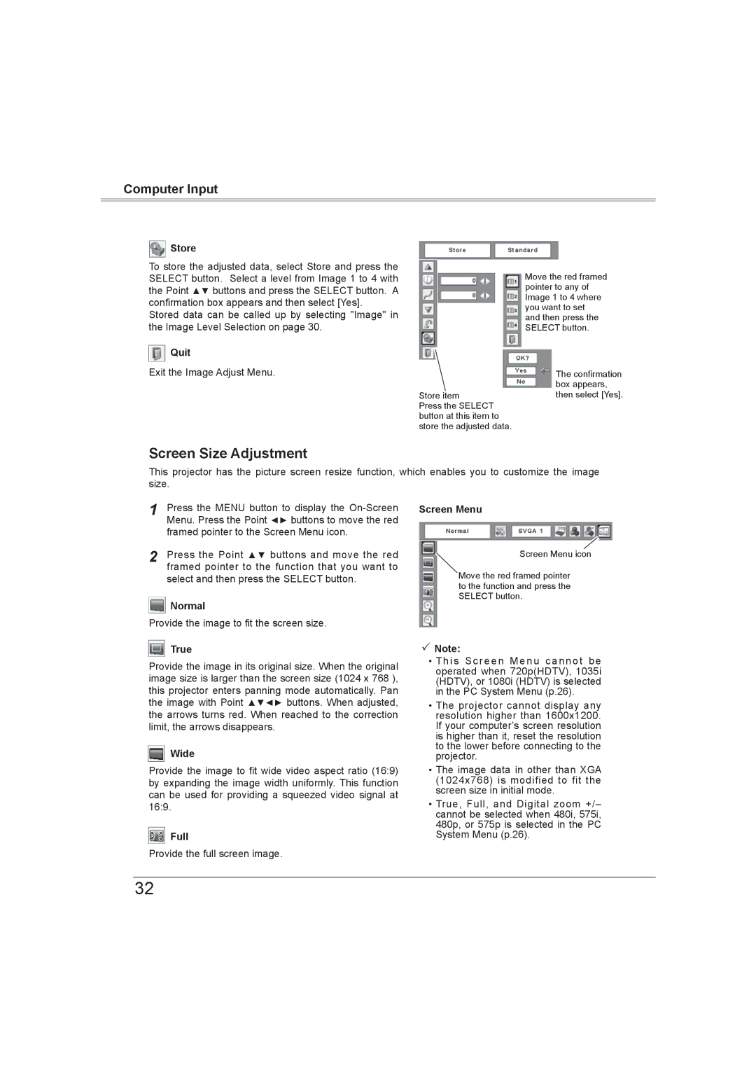 Sanyo PLC-XW56 owner manual Screen Size Adjustment, Normal, True, Wide, Full 