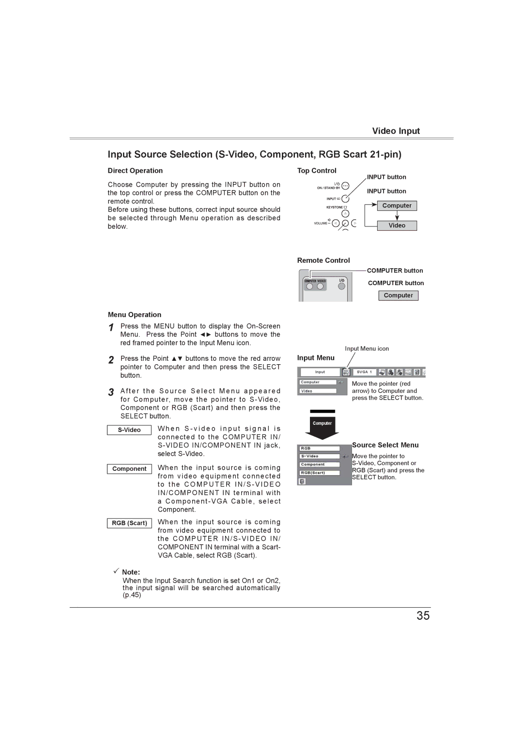 Sanyo PLC-XW56 owner manual Input Source Selection S-Video, Component, RGB Scart 21-pin, Source Select Menu 