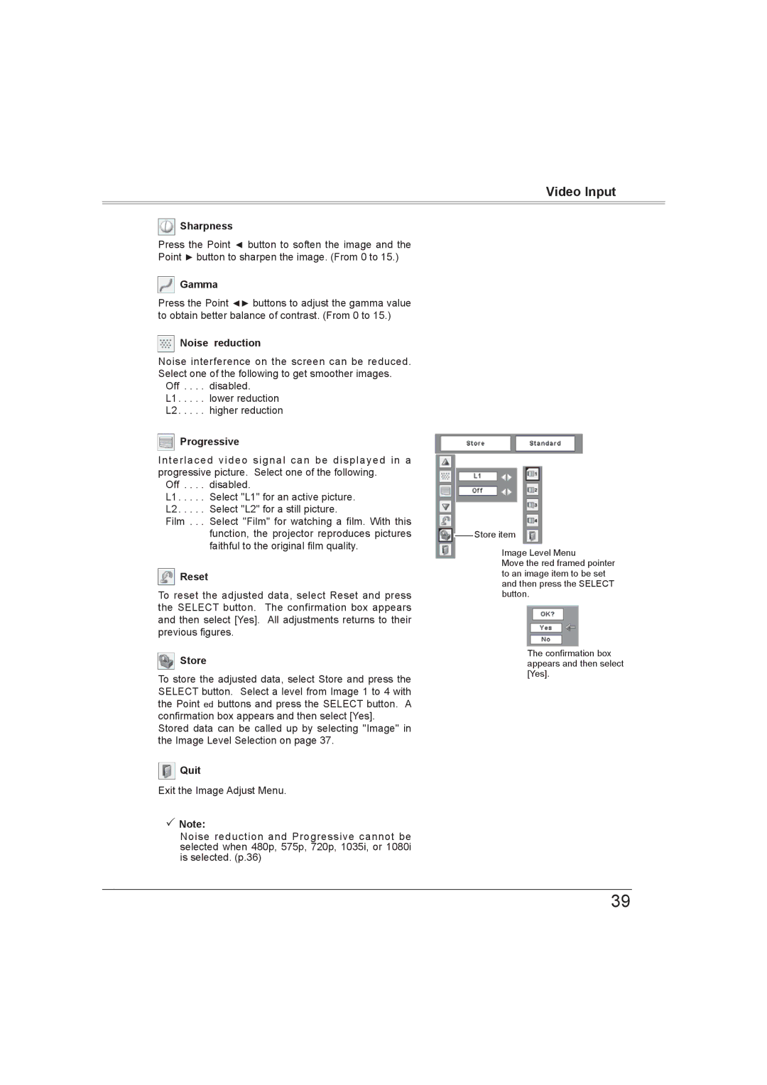 Sanyo PLC-XW56 owner manual Noise reduction, Progressive 