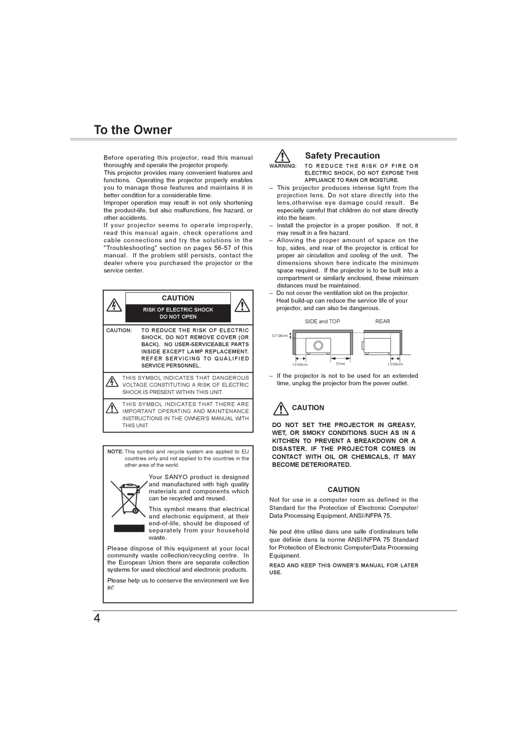 Sanyo PLC-XW56 owner manual To the Owner, Risk of Electric Shock Do not Open 