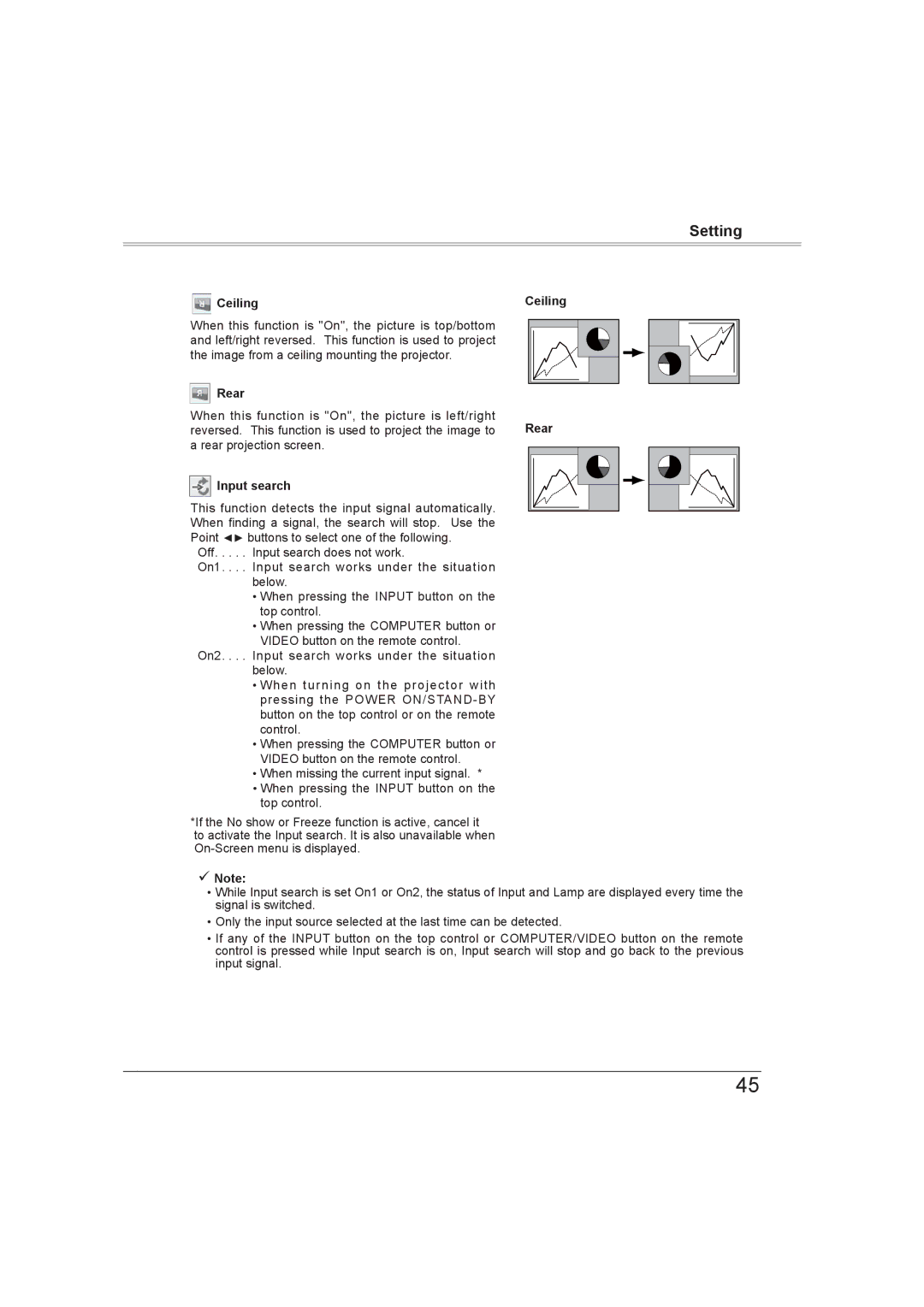 Sanyo PLC-XW56 owner manual Input search, Ceiling Rear 