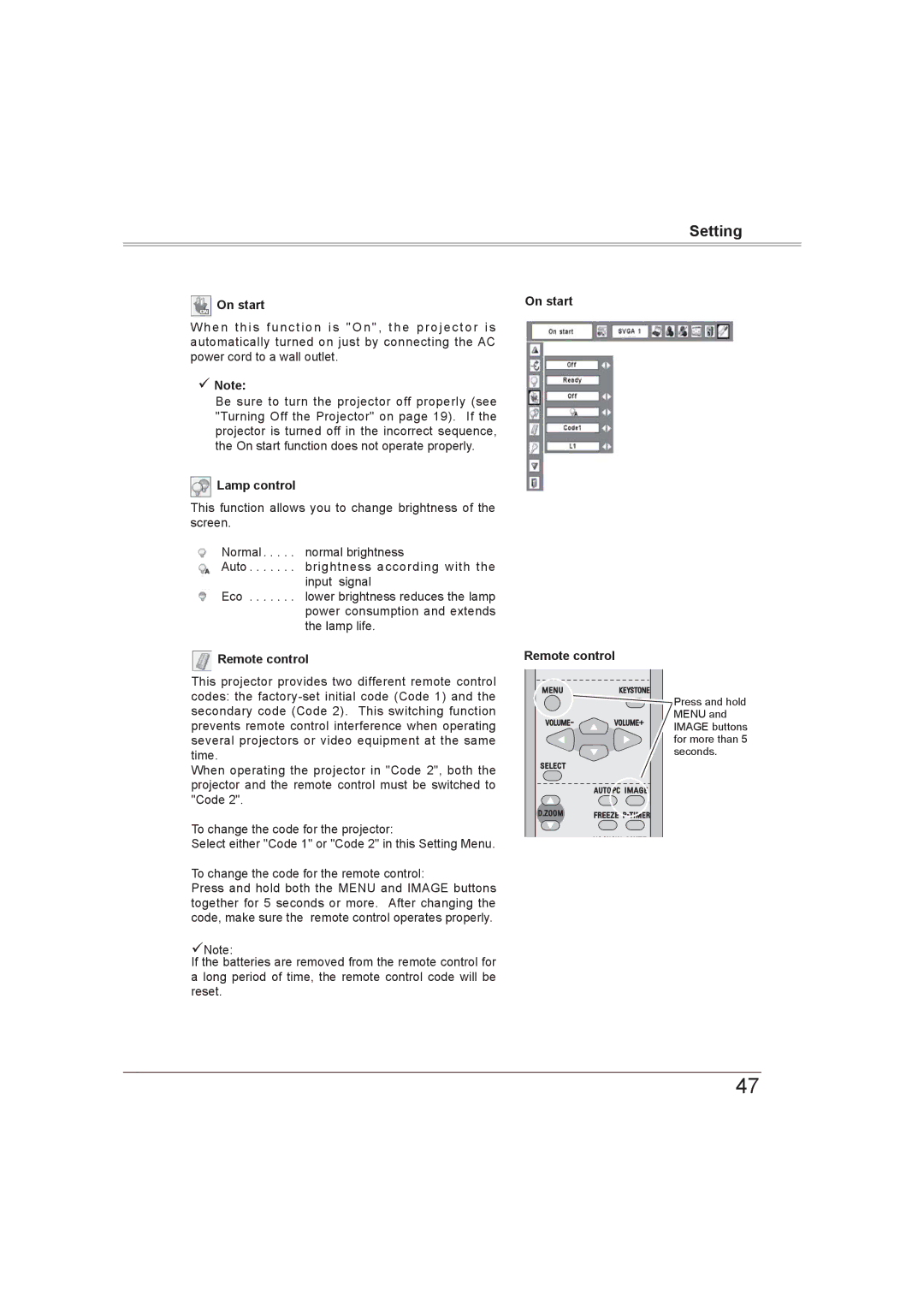 Sanyo PLC-XW56 owner manual Lamp control, On start Remote control 