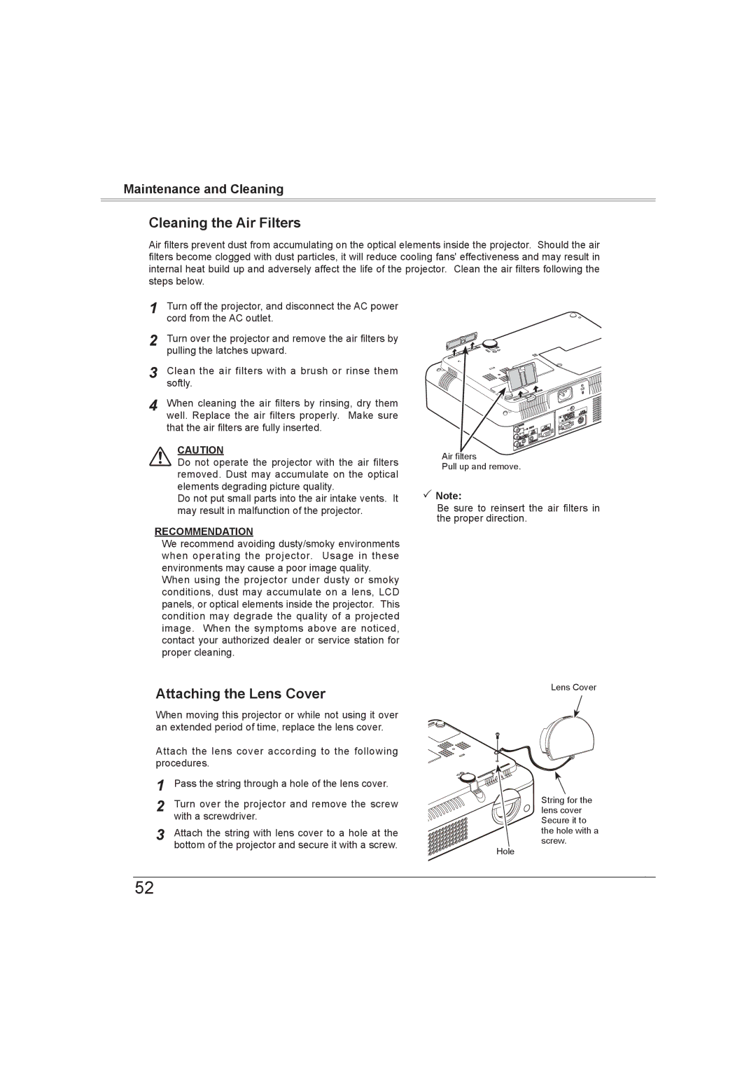 Sanyo PLC-XW56 owner manual Cleaning the Air Filters, Attaching the Lens Cover 