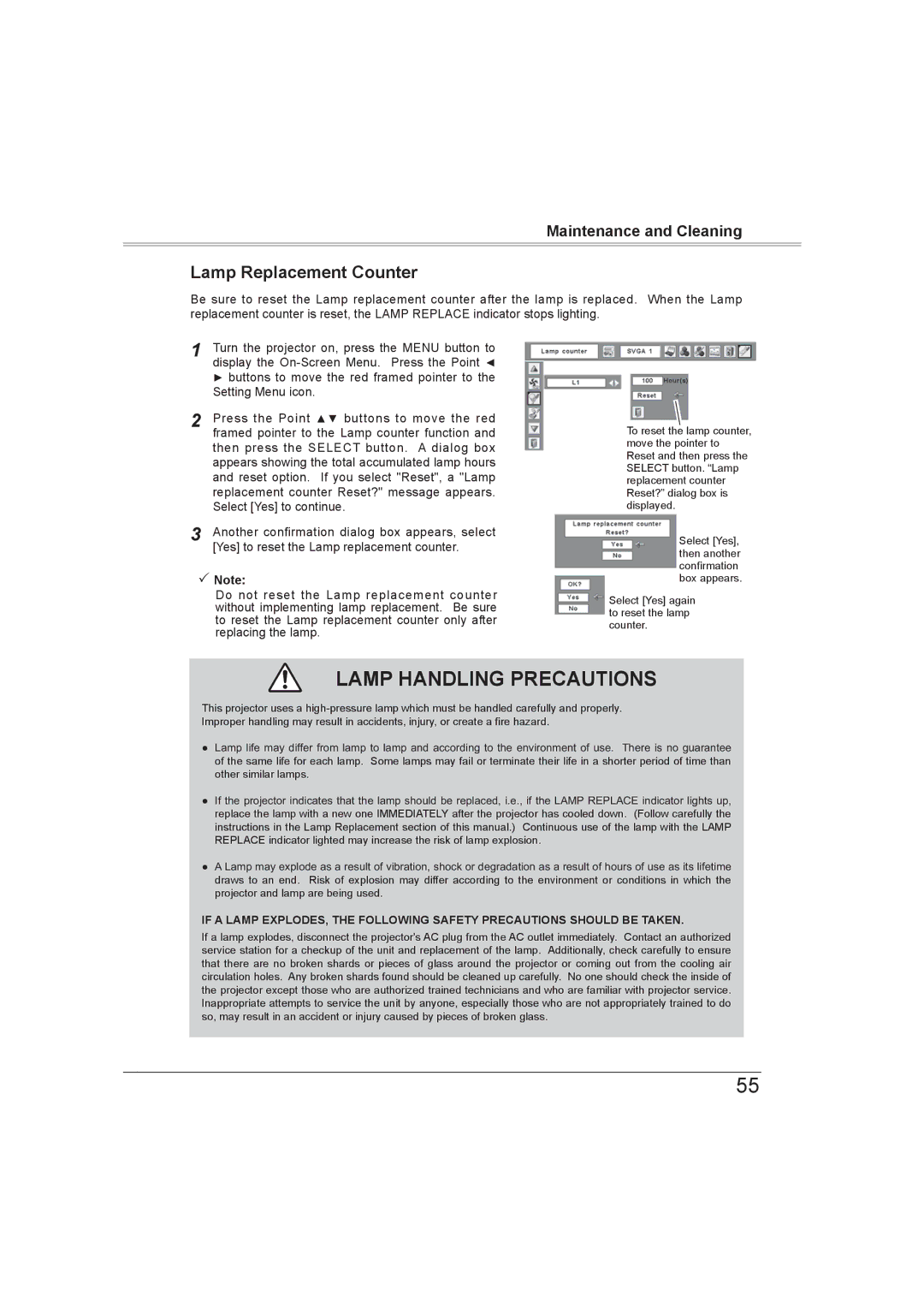 Sanyo PLC-XW56 owner manual Lamp Handling Precautions, Lamp Replacement Counter 