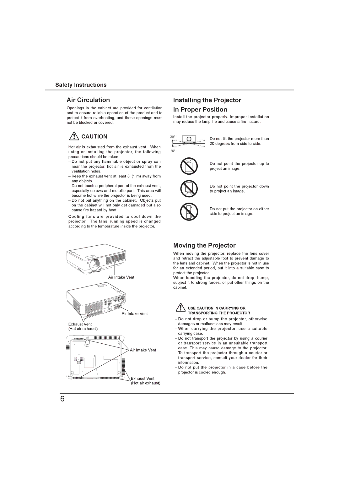 Sanyo PLC-XW56 owner manual Air Circulation, Installing the Projector in Proper Position, Moving the Projector 