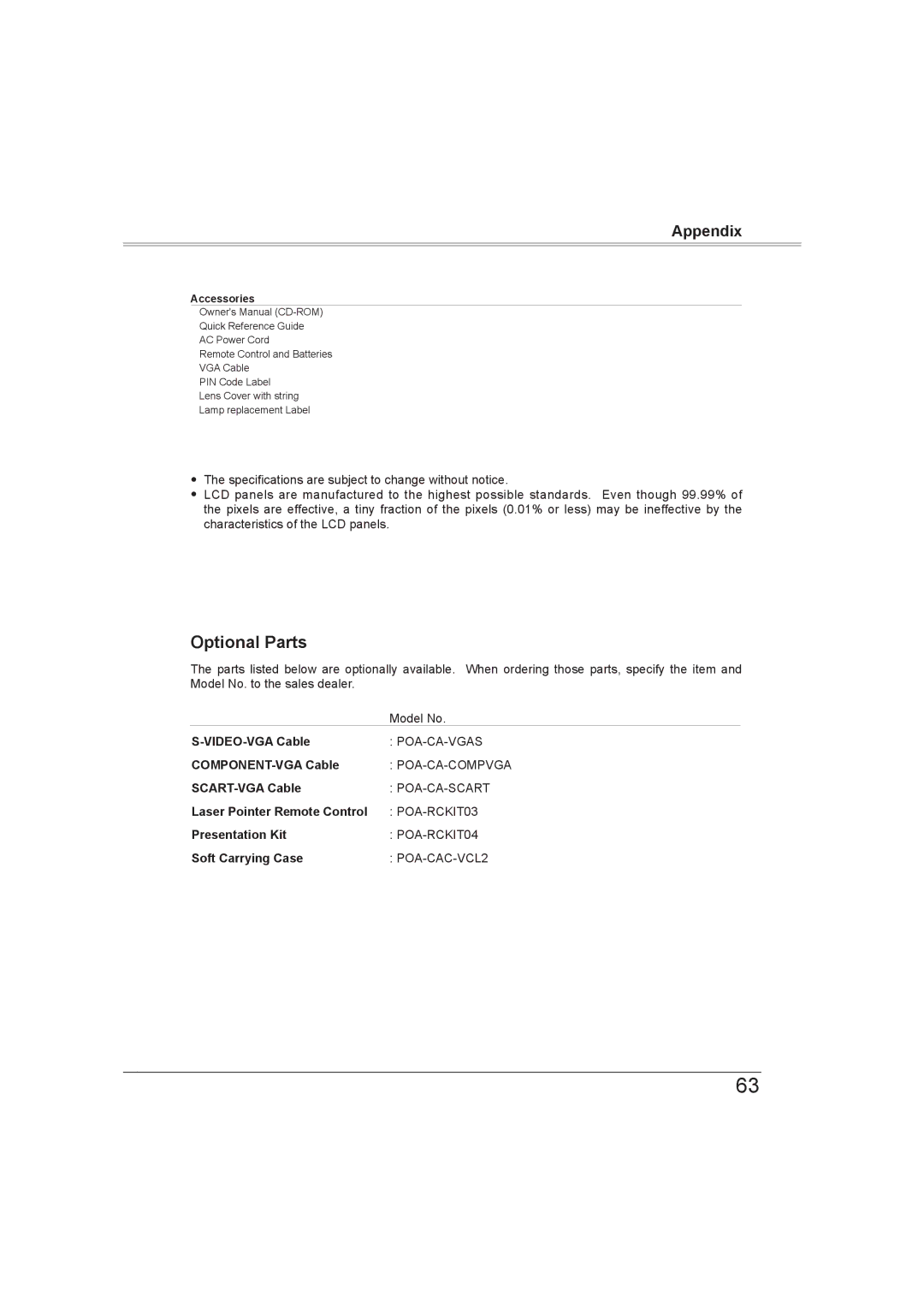 Sanyo PLC-XW56 owner manual Optional Parts 