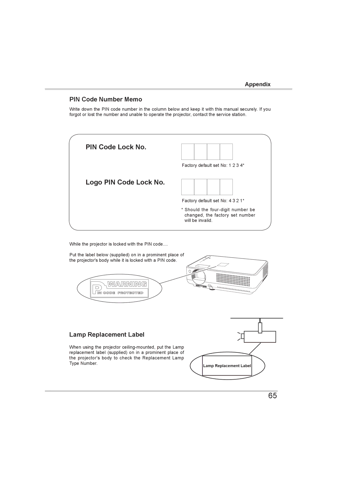 Sanyo PLC-XW56 owner manual PIN Code Number Memo, Lamp Replacement Label 