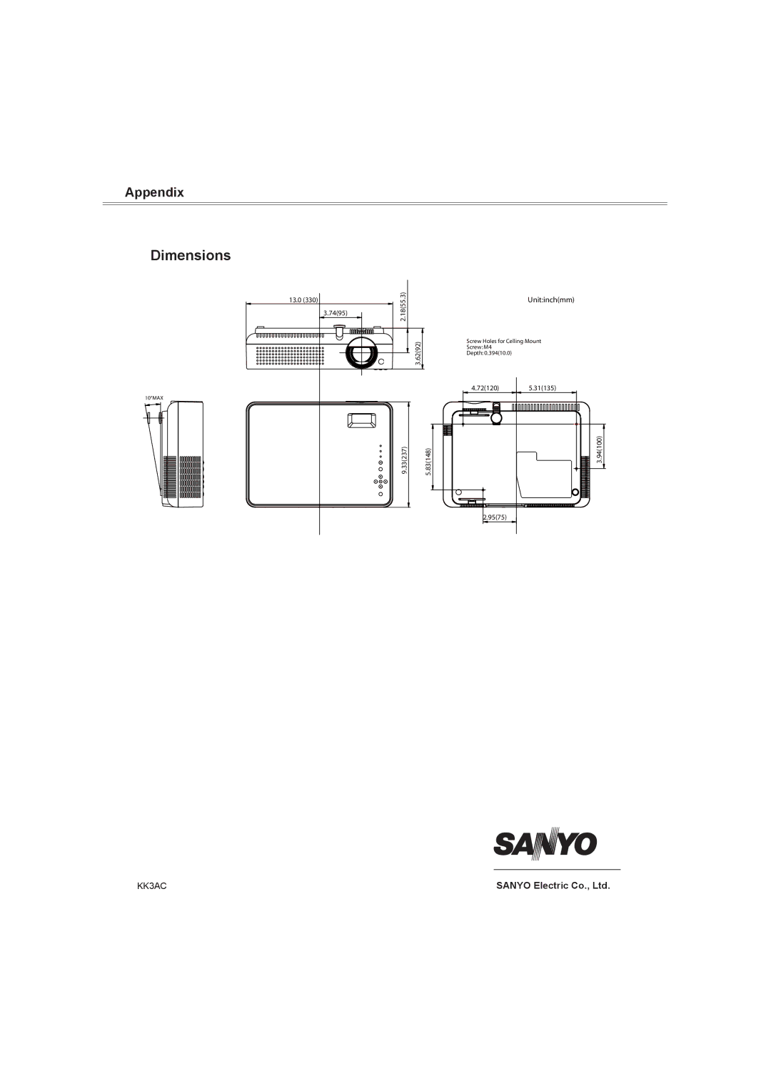 Sanyo PLC-XW56 owner manual Dimensions 