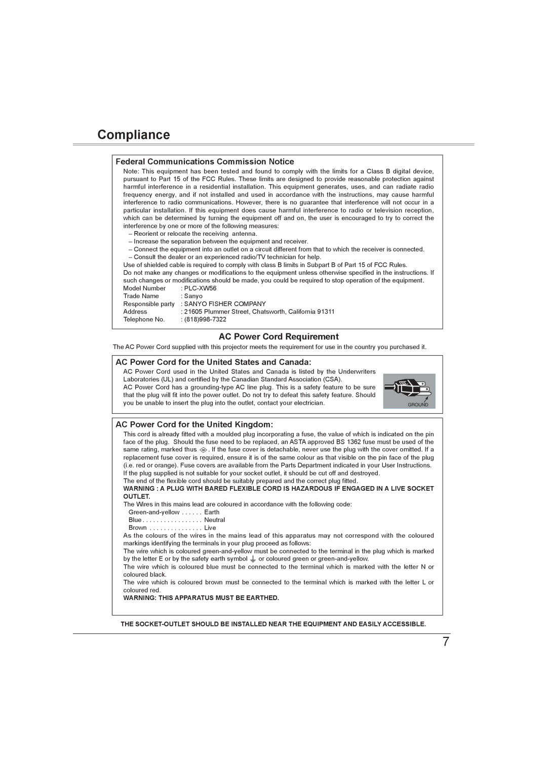 Sanyo PLC-XW56 owner manual Compliance, Federal Communications Commission Notice 