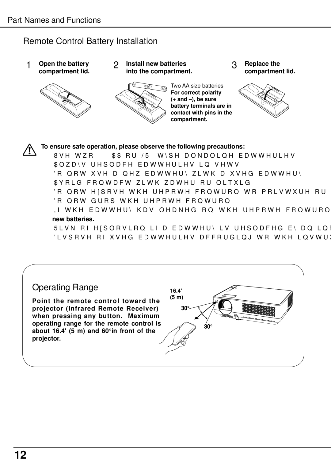 Sanyo PLC-XW57 owner manual Remote Control Battery Installation, Operating Range 