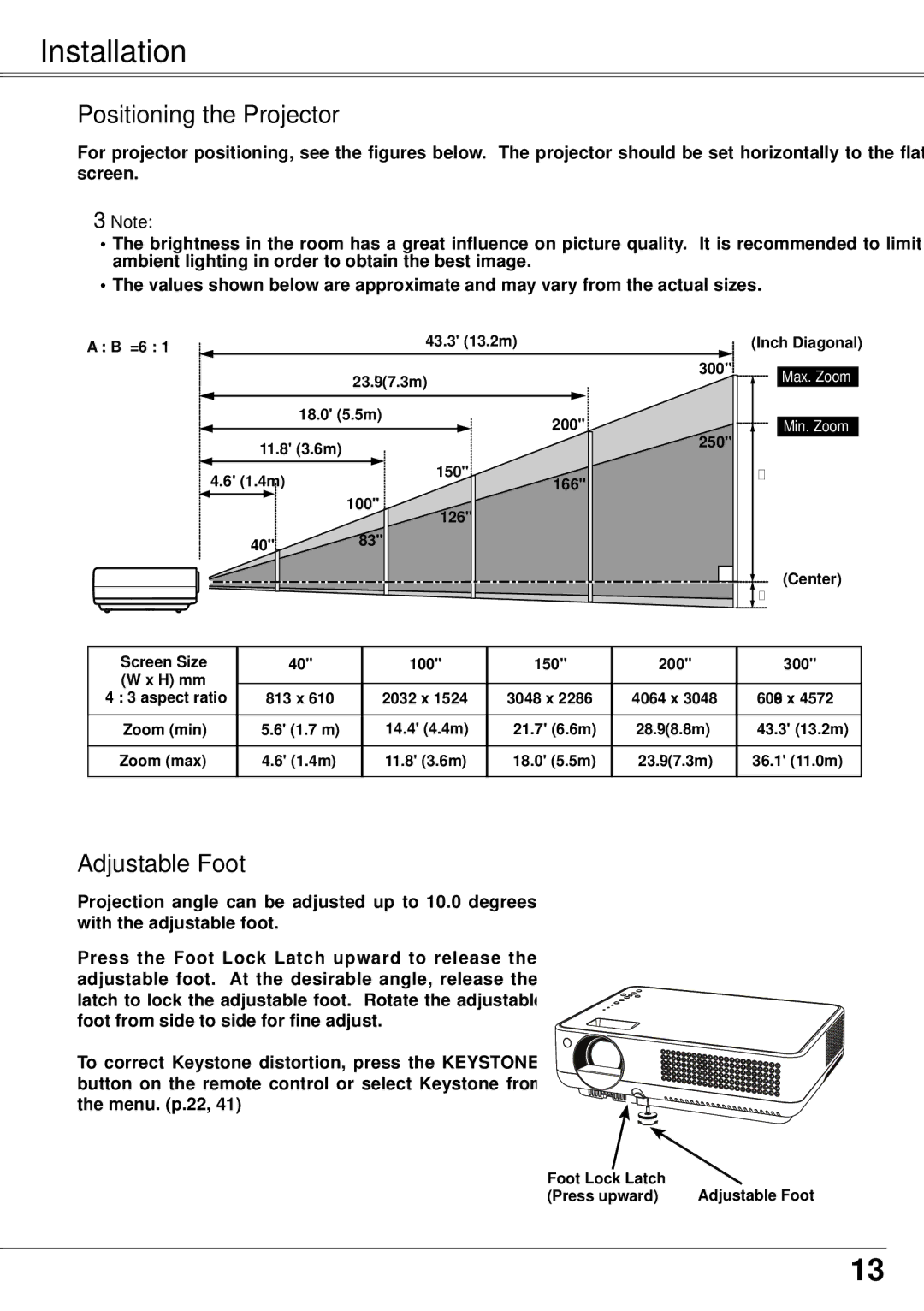 Sanyo PLC-XW57 owner manual Installation, Positioning the Projector, Adjustable Foot 