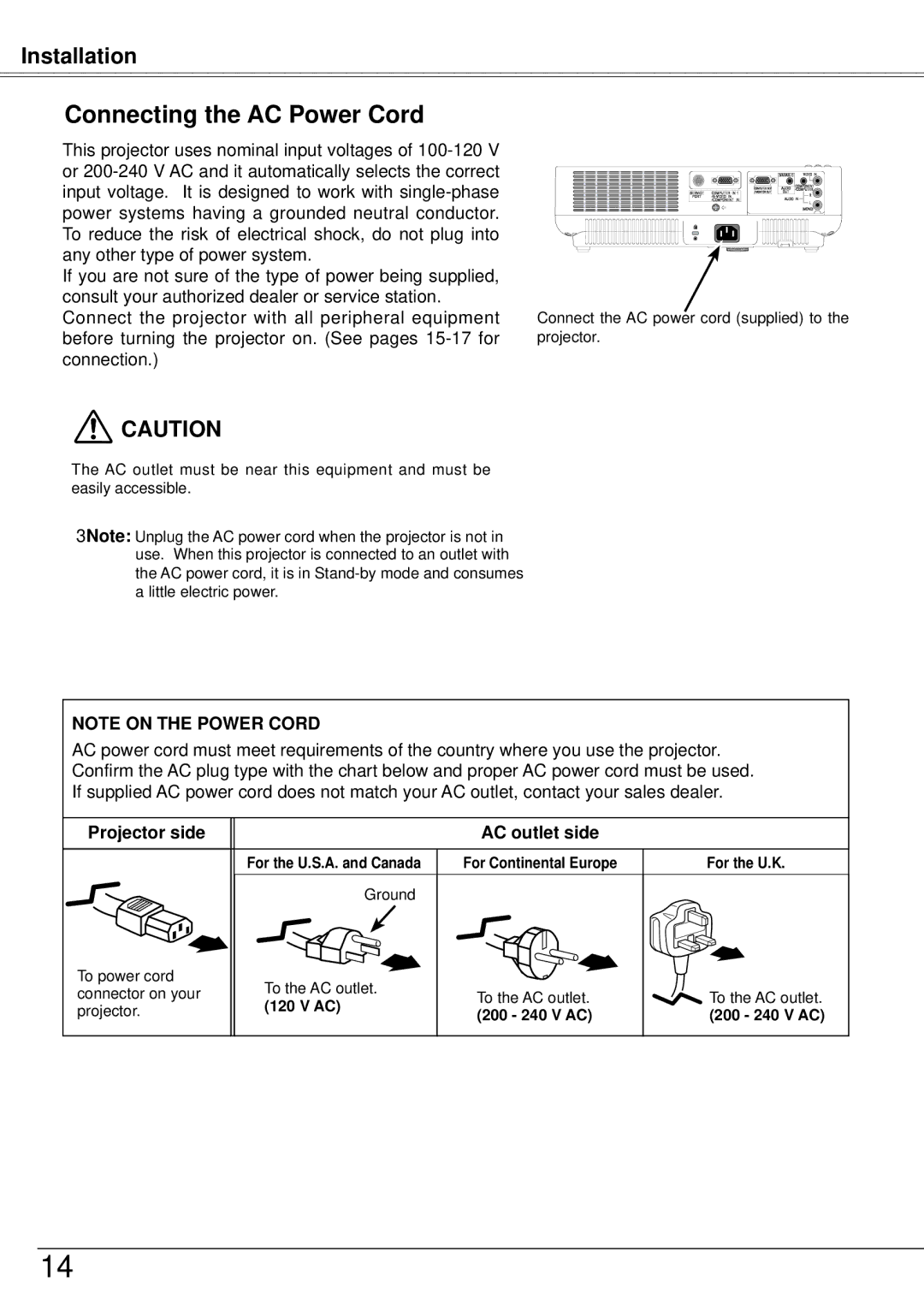 Sanyo PLC-XW57 owner manual Connecting the AC Power Cord, Projector side AC outlet side 