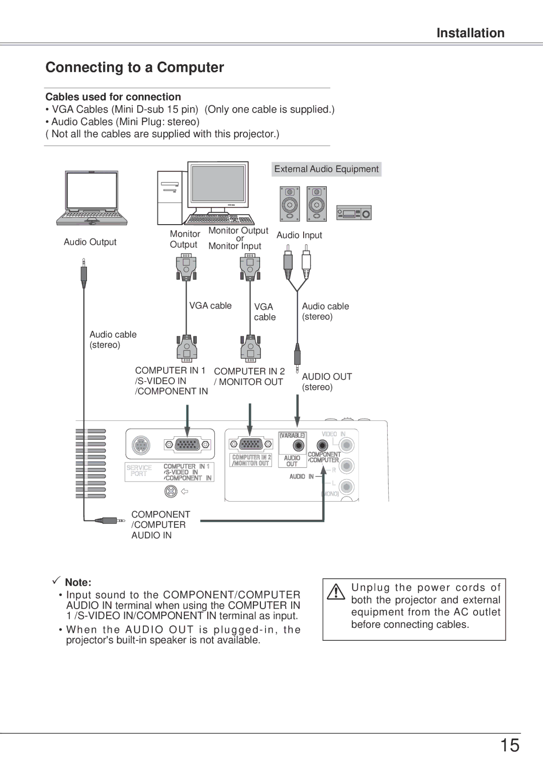 Sanyo PLC-XW57 owner manual Connecting to a Computer, Cables used for connection 