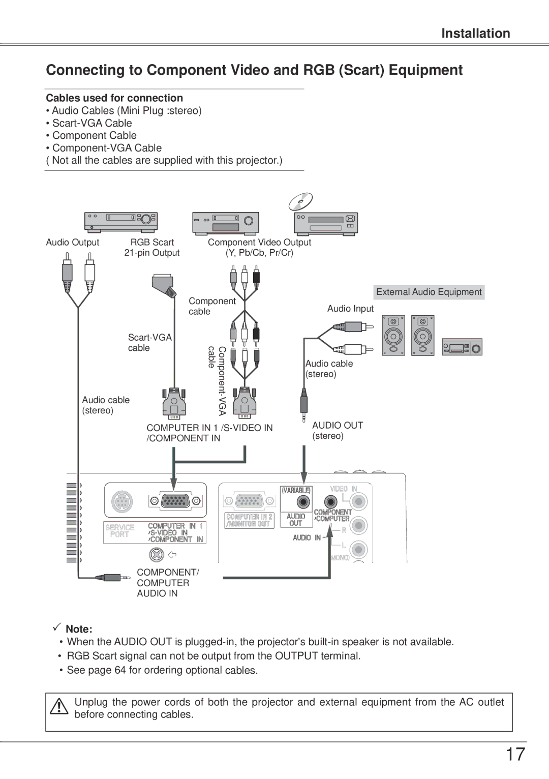 Sanyo PLC-XW57 owner manual Connecting to Component Video and RGB Scart Equipment 