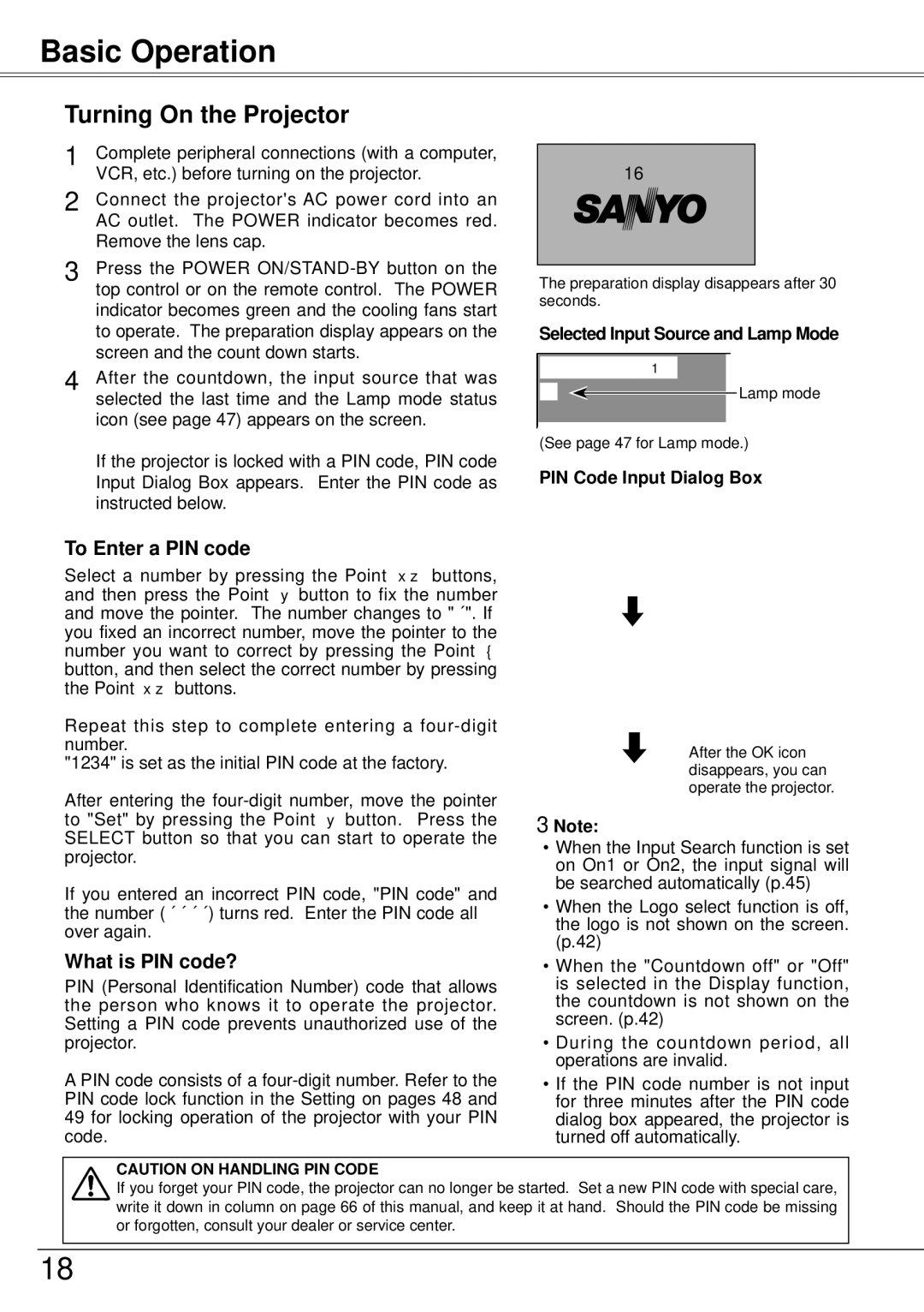 Sanyo PLC-XW57 Basic Operation, Turning On the Projector, Selected Input Source and Lamp Mode, PIN Code Input Dialog Box 