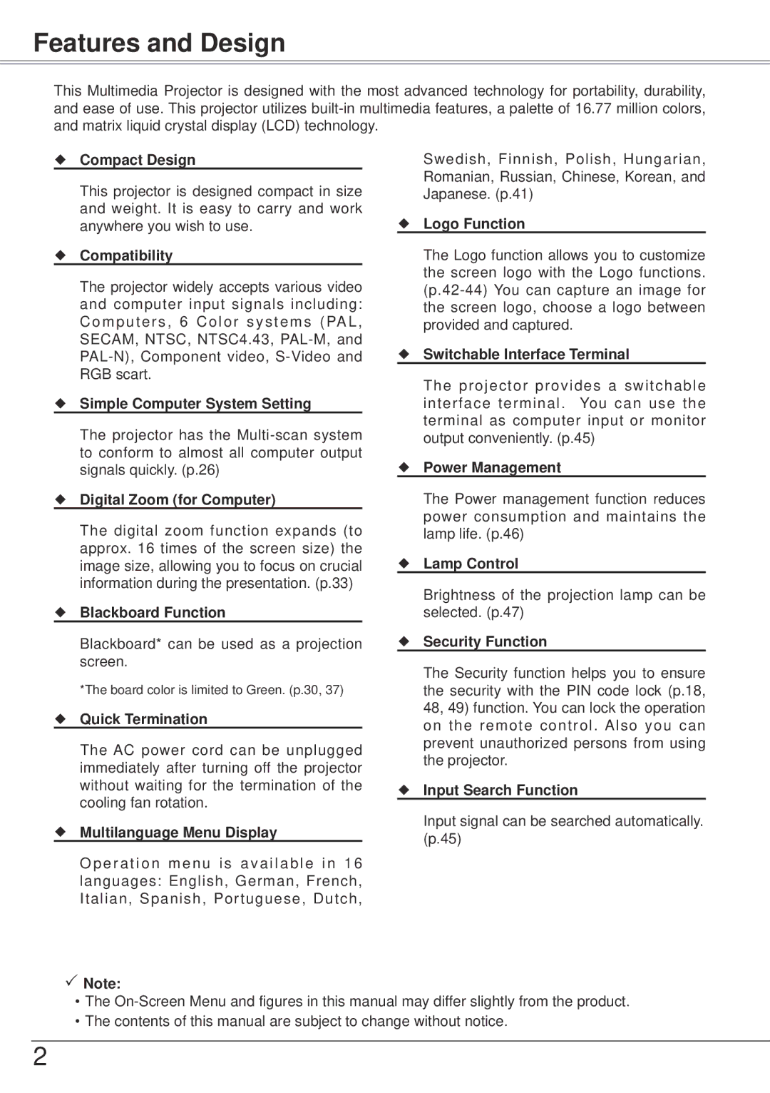 Sanyo PLC-XW57 owner manual Features and Design 