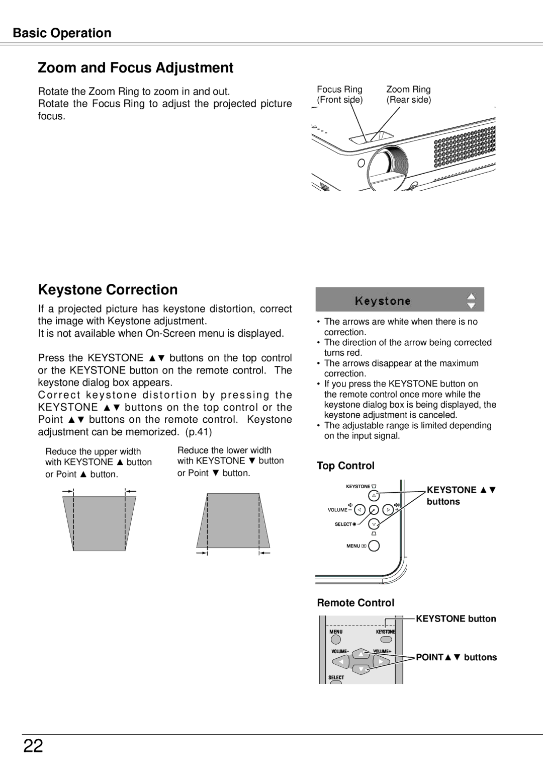 Sanyo PLC-XW57 owner manual Zoom and Focus Adjustment, Keystone Correction 