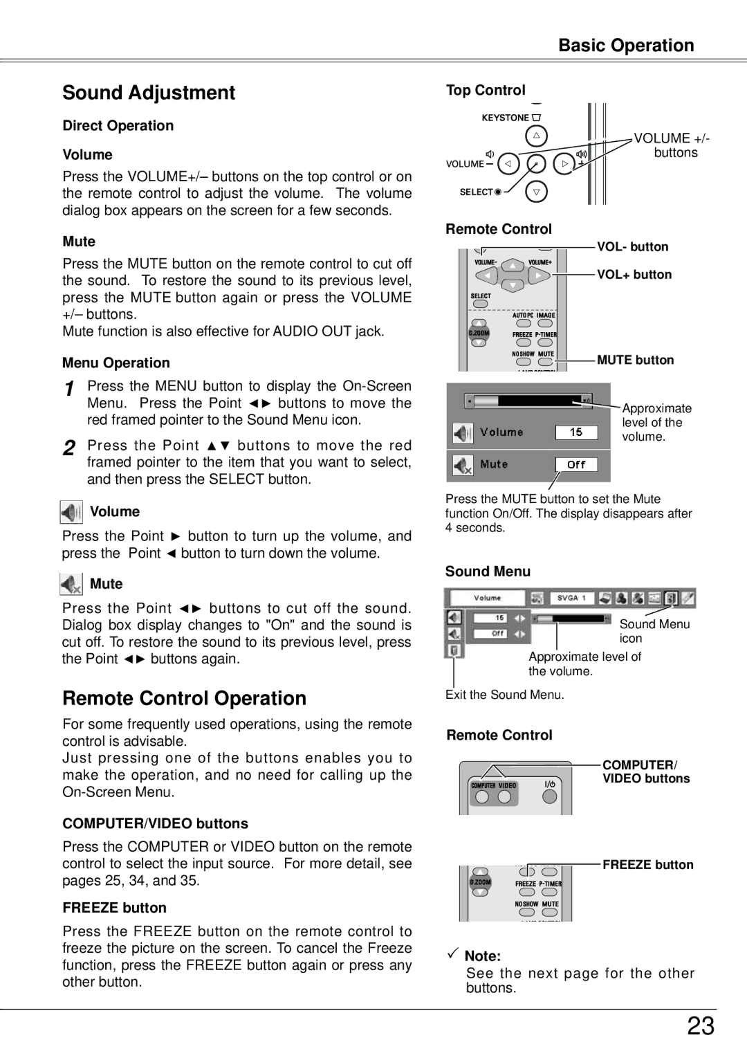 Sanyo PLC-XW57 owner manual Sound Adjustment, Remote Control Operation 