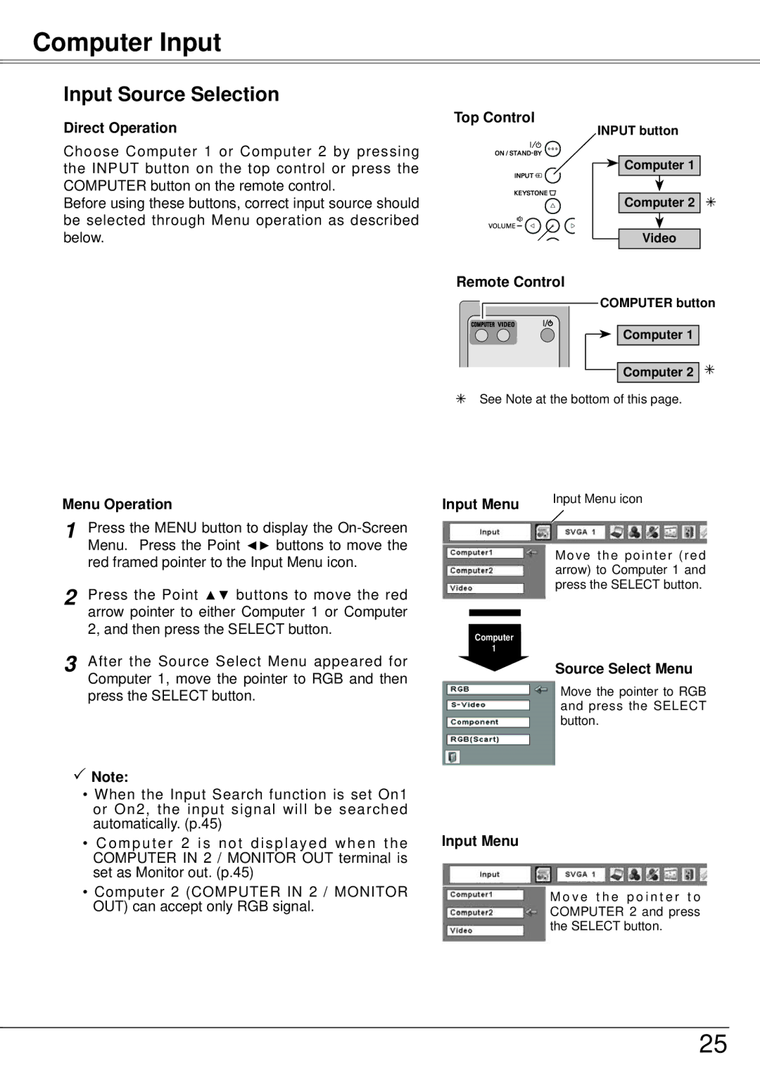 Sanyo PLC-XW57 owner manual Computer Input, Input Source Selection, Direct Operation, Source Select Menu 