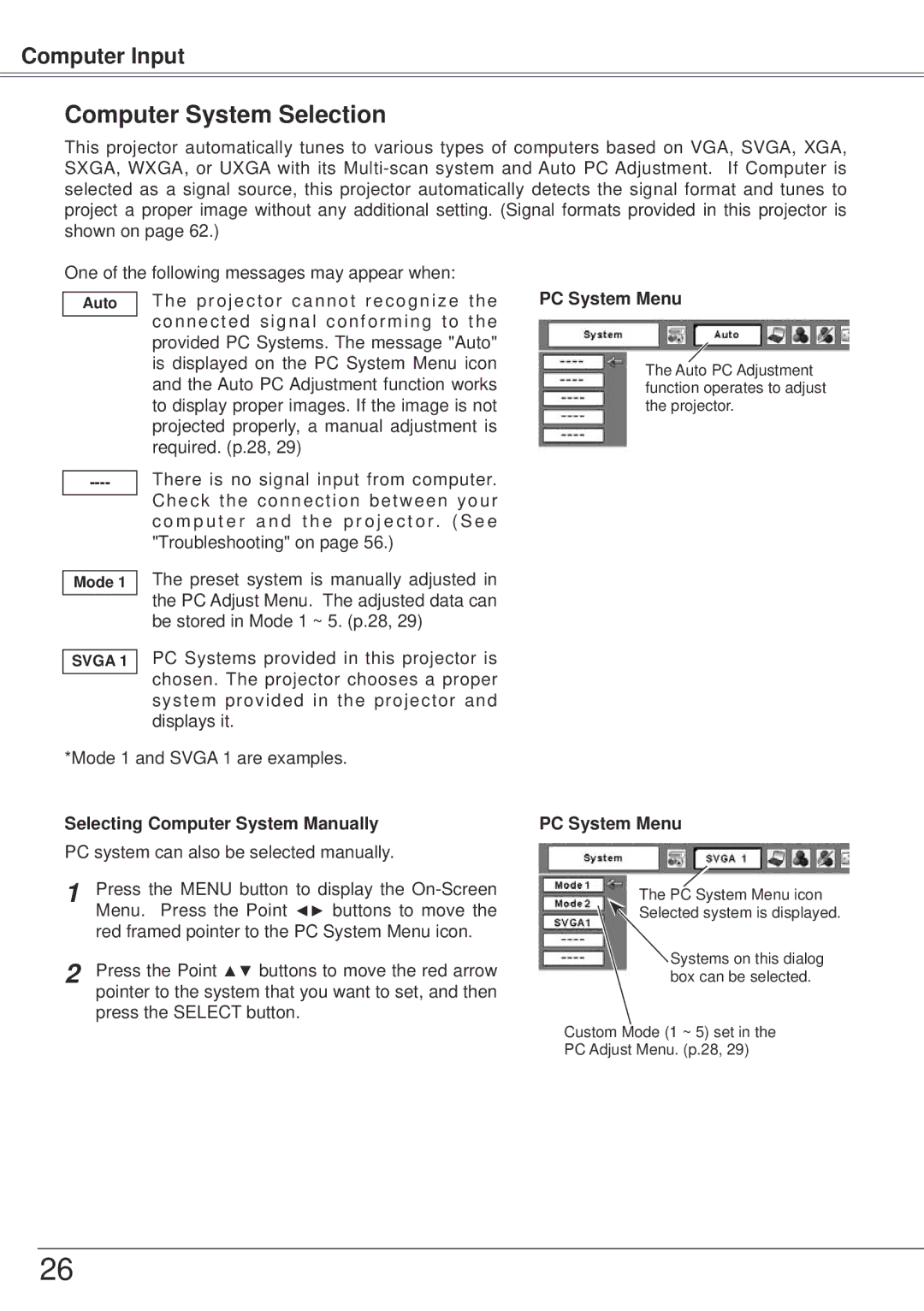 Sanyo PLC-XW57 owner manual Computer System Selection, Selecting Computer System Manually, PC System Menu 