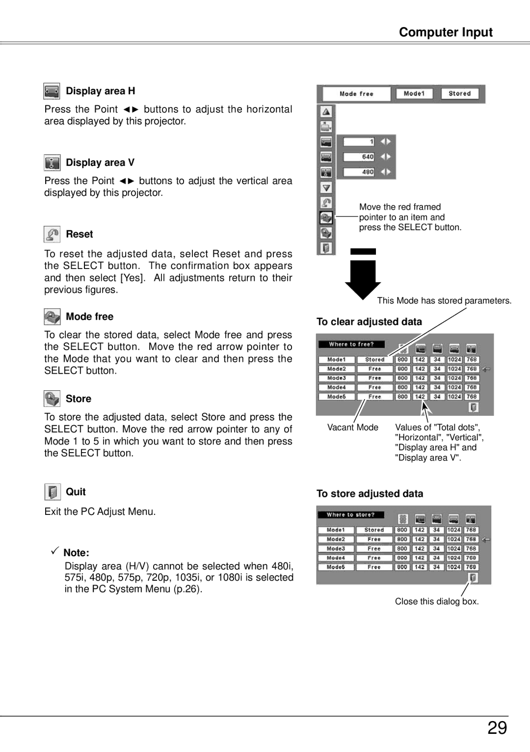 Sanyo PLC-XW57 owner manual Display area H, Reset, Mode free, Store, Quit, To clear adjusted data, To store adjusted data 