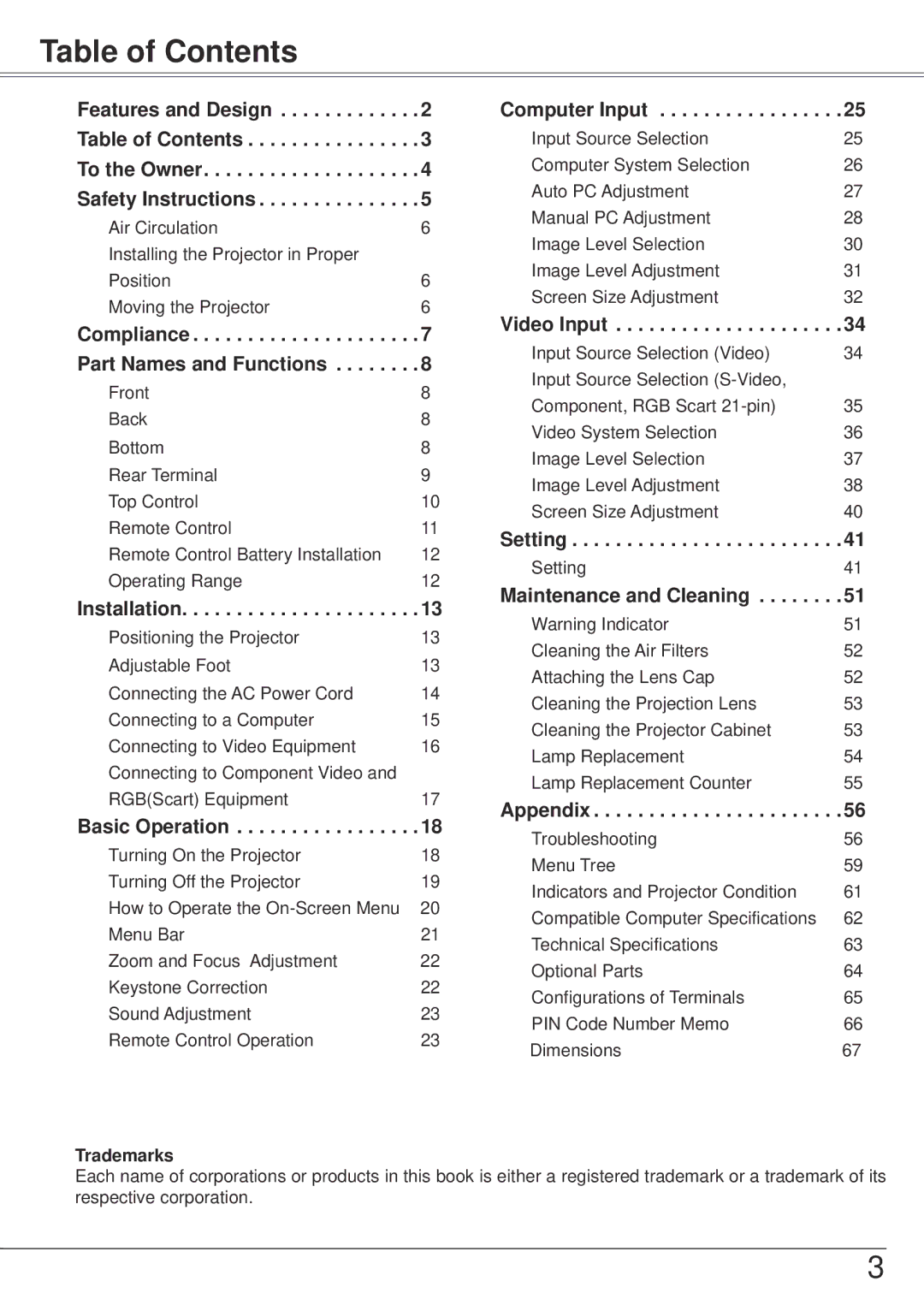 Sanyo PLC-XW57 owner manual Table of Contents 