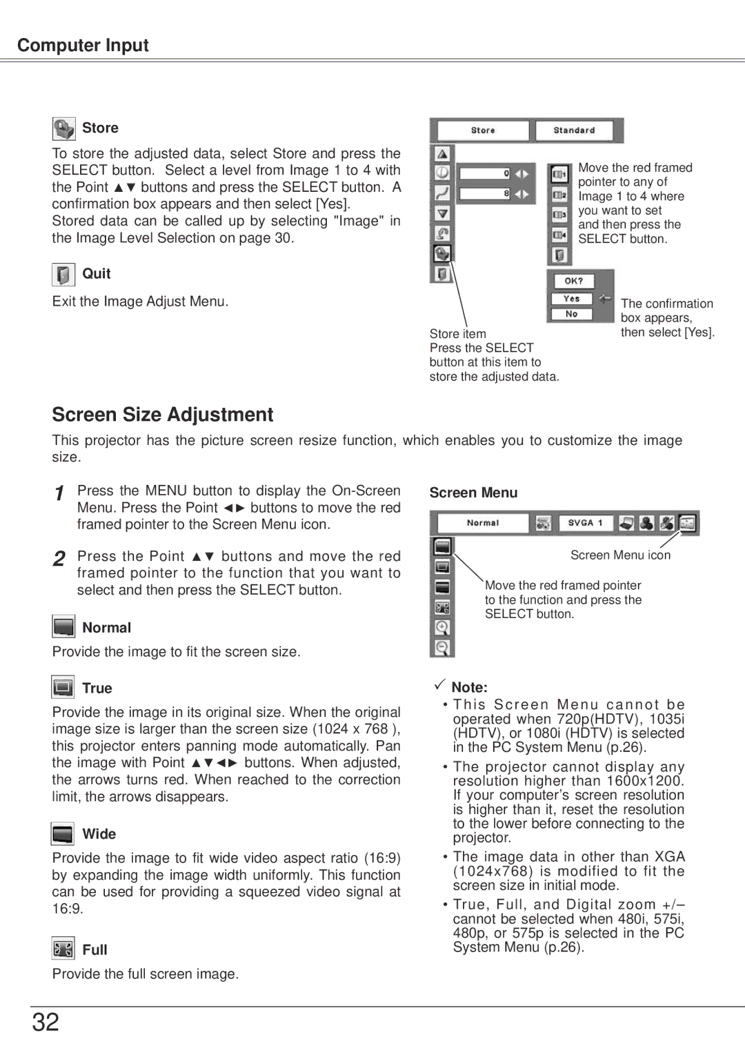 Sanyo PLC-XW57 owner manual Screen Size Adjustment, Normal, True, Wide, Full 