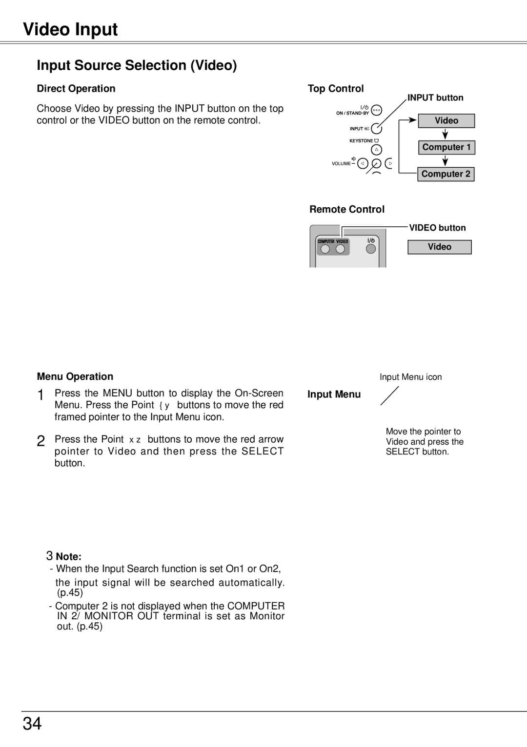 Sanyo PLC-XW57 owner manual Video Input, Input Source Selection Video 