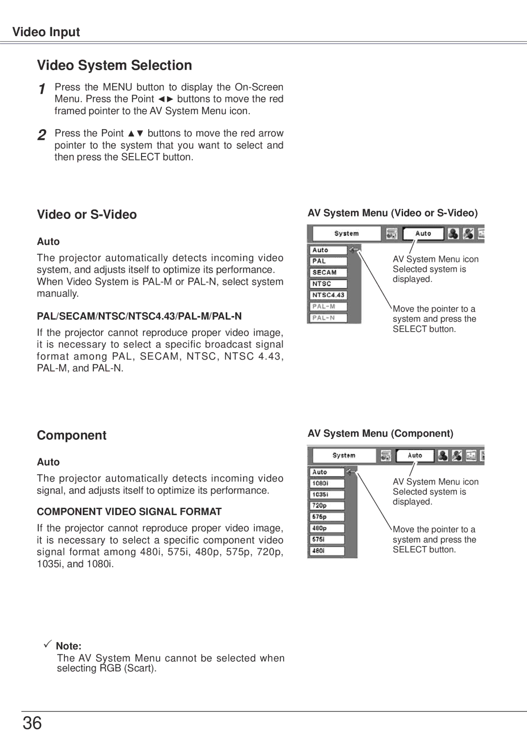 Sanyo PLC-XW57 owner manual Video System Selection, Auto, AV System Menu Video or S-Video, AV System Menu Component 