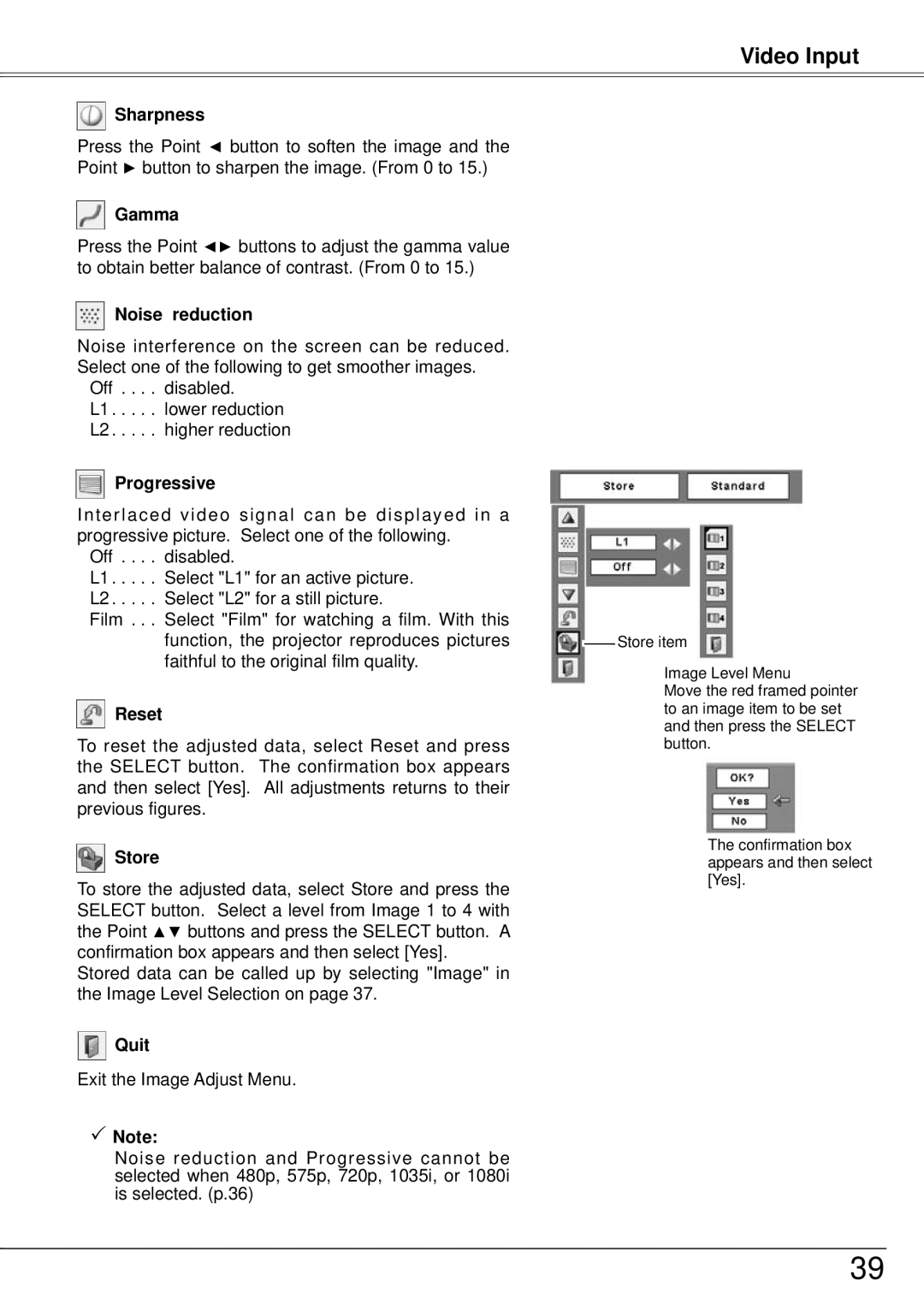 Sanyo PLC-XW57 owner manual Noise reduction, Progressive 