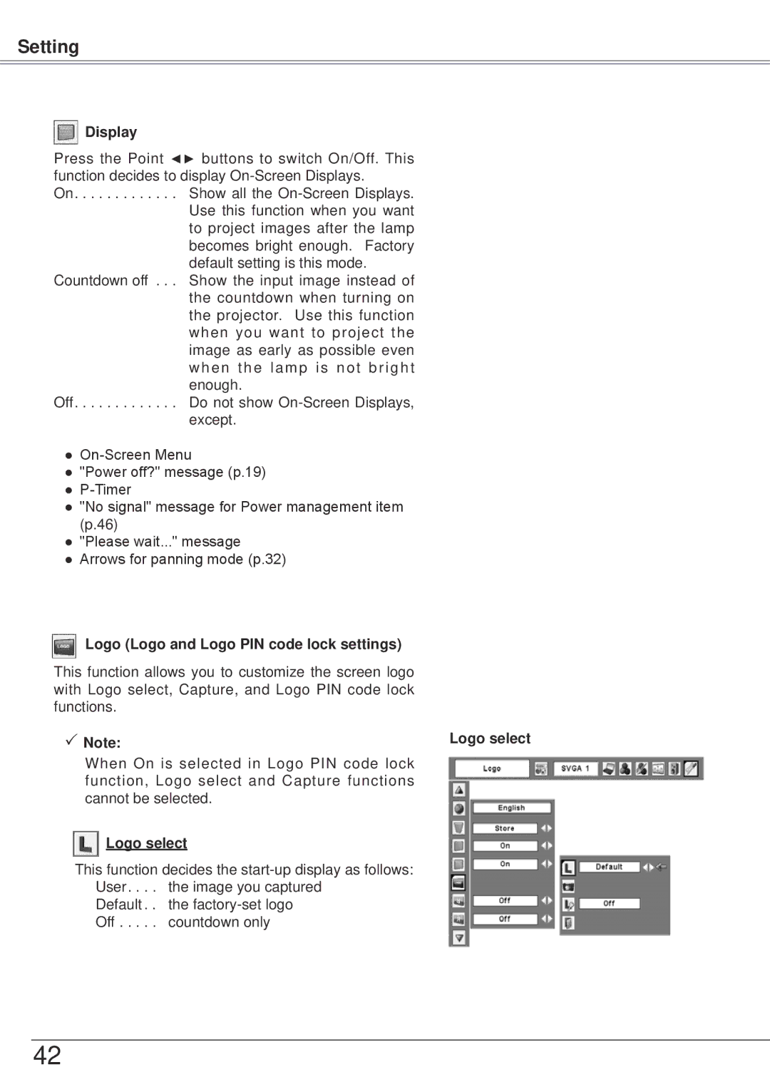 Sanyo PLC-XW57 owner manual Display, Logo Logo and Logo PIN code lock settings, Logo select 