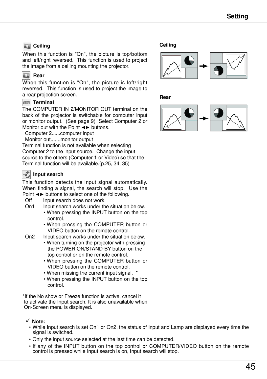 Sanyo PLC-XW57 owner manual Terminal, Input search, Ceiling Rear  Note 